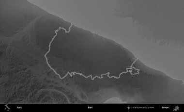 Bari. İtalya 'nın idari bölgesi gri ölçekli bir yükselme haritasında özetlendi
