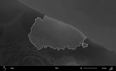 Bari. İtalya 'nın idari alanı kararmış bir gri tonlama yükseklik haritasına vurgulandı ve özetlendi