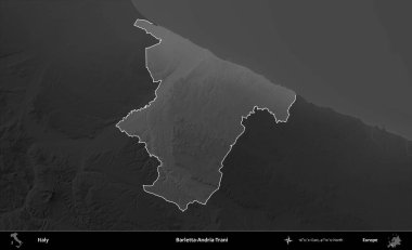 Barletta-Andria-Trani. İtalya 'nın idari alanı kararmış bir gri tonlama yükseklik haritasına vurgulandı ve özetlendi