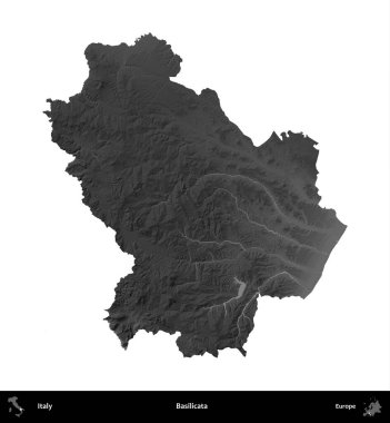 Basilicata. İtalya 'nın idari bölgesi gri ölçekli yükseklik haritasında beyaza izole edildi