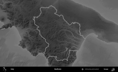 Basilicata. İtalya 'nın idari bölgesi gri ölçekli bir yükselme haritasında özetlendi