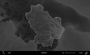 Basilicata. İtalya 'nın idari alanı kararmış bir gri tonlama yükseklik haritasına vurgulandı ve özetlendi