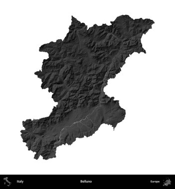 Belluno. İtalya 'nın idari bölgesi gri ölçekli yükseklik haritasında beyaza izole edildi