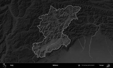 Belluno. İtalya 'nın idari alanı kararmış bir gri tonlama yükseklik haritasına vurgulandı ve özetlendi