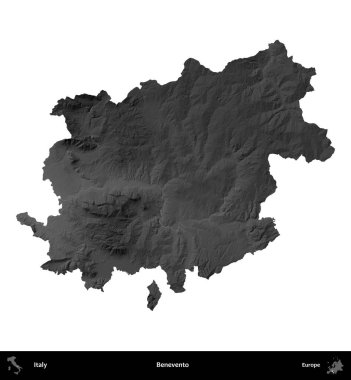 Benevento. İtalya 'nın idari bölgesi gri ölçekli yükseklik haritasında beyaza izole edildi