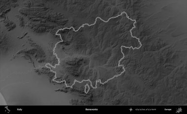 Benevento. İtalya 'nın idari bölgesi gri ölçekli bir yükselme haritasında özetlendi