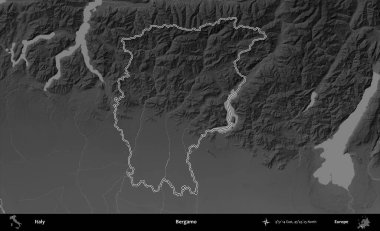 Bergamo. İtalya 'nın idari bölgesi gri ölçekli bir yükselme haritasında özetlendi