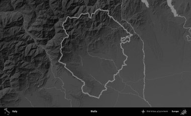 Biella. İtalya 'nın idari bölgesi gri ölçekli bir yükselme haritasında özetlendi