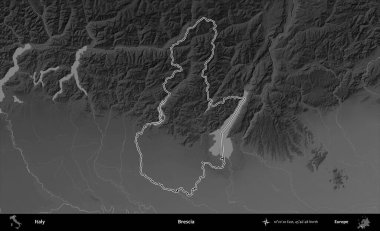 Brescia 'da. İtalya 'nın idari bölgesi gri ölçekli bir yükselme haritasında özetlendi