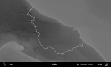 Brindisi. İtalya 'nın idari bölgesi gri ölçekli bir yükselme haritasında özetlendi