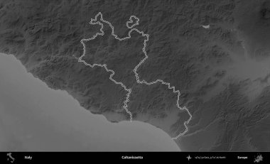 Caltanissetta. İtalya 'nın idari bölgesi gri ölçekli bir yükselme haritasında özetlendi