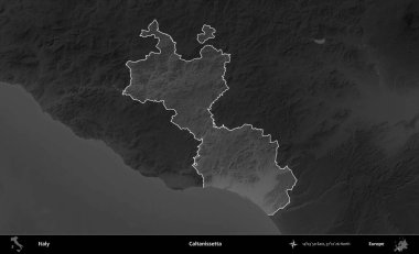 Caltanissetta. İtalya 'nın idari alanı kararmış bir gri tonlama yükseklik haritasına vurgulandı ve özetlendi