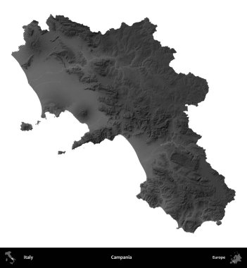 Campania 'da. İtalya 'nın idari bölgesi gri ölçekli yükseklik haritasında beyaza izole edildi