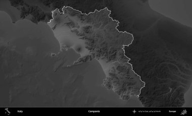 Campania 'da. İtalya 'nın idari alanı kararmış bir gri tonlama yükseklik haritasına vurgulandı ve özetlendi