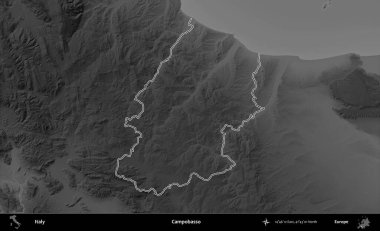 Campobasso. İtalya 'nın idari bölgesi gri ölçekli bir yükselme haritasında özetlendi