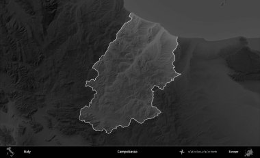 Campobasso. İtalya 'nın idari alanı kararmış bir gri tonlama yükseklik haritasına vurgulandı ve özetlendi