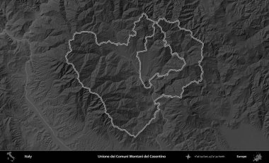 Unione dei Comuni Montani del Casentino. İtalya 'nın idari bölgesi gri ölçekli bir yükselme haritasında özetlendi