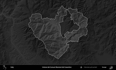 Unione dei Comuni Montani del Casentino. İtalya 'nın idari alanı kararmış bir gri tonlama yükseklik haritasına vurgulandı ve özetlendi