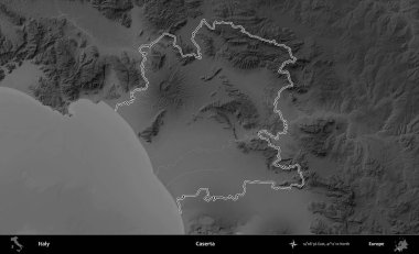 Caserta. İtalya 'nın idari bölgesi gri ölçekli bir yükselme haritasında özetlendi