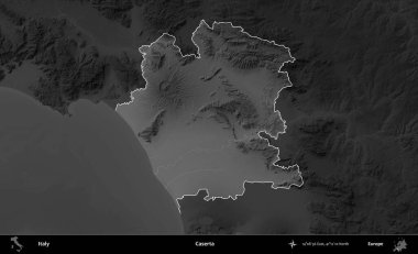 Caserta. İtalya 'nın idari alanı kararmış bir gri tonlama yükseklik haritasına vurgulandı ve özetlendi