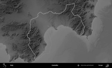 Casteddu. İtalya 'nın idari bölgesi gri ölçekli bir yükselme haritasında özetlendi