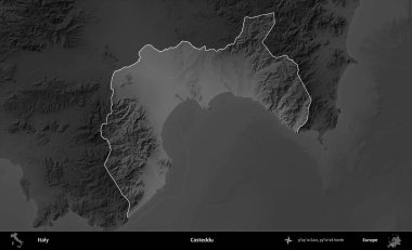Casteddu. İtalya 'nın idari alanı kararmış bir gri tonlama yükseklik haritasına vurgulandı ve özetlendi