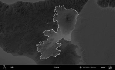 Catania 'da. İtalya 'nın idari alanı kararmış bir gri tonlama yükseklik haritasına vurgulandı ve özetlendi