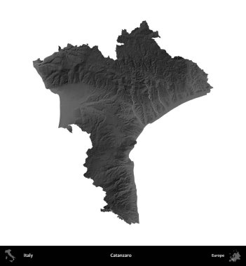 Katanzaro. İtalya 'nın idari bölgesi gri ölçekli yükseklik haritasında beyaza izole edildi