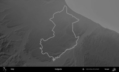 Cerignola. İtalya 'nın idari bölgesi gri ölçekli bir yükselme haritasında özetlendi