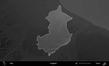 Cerignola. İtalya 'nın idari alanı kararmış bir gri tonlama yükseklik haritasına vurgulandı ve özetlendi