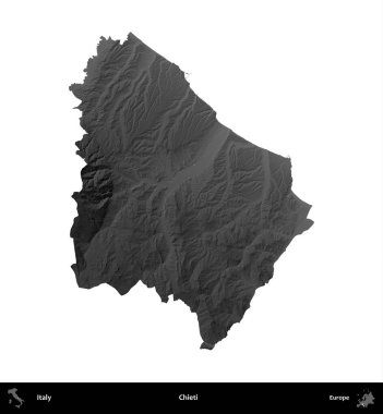 Chieti. İtalya 'nın idari bölgesi gri ölçekli yükseklik haritasında beyaza izole edildi