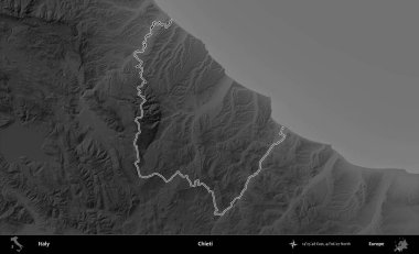 Chieti. İtalya 'nın idari bölgesi gri ölçekli bir yükselme haritasında özetlendi
