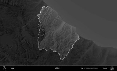 Chieti. İtalya 'nın idari alanı kararmış bir gri tonlama yükseklik haritasına vurgulandı ve özetlendi