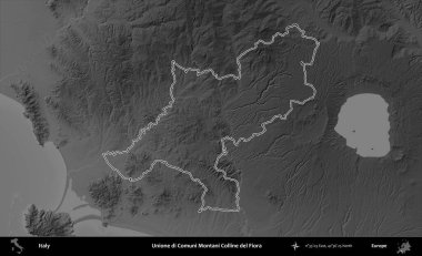 Unione di Comuni Montani Colline del Fiora. İtalya 'nın idari bölgesi gri ölçekli bir yükselme haritasında özetlendi