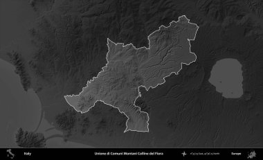 Unione di Comuni Montani Colline del Fiora. İtalya 'nın idari alanı kararmış bir gri tonlama yükseklik haritasına vurgulandı ve özetlendi