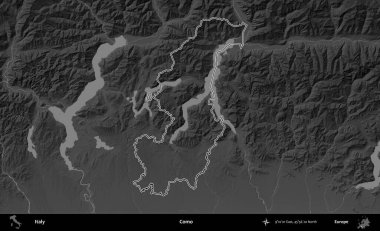 Como. İtalya 'nın idari bölgesi gri ölçekli bir yükselme haritasında özetlendi
