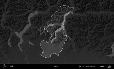 Como. İtalya 'nın idari alanı kararmış bir gri tonlama yükseklik haritasına vurgulandı ve özetlendi