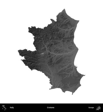 Crotone. İtalya 'nın idari bölgesi gri ölçekli yükseklik haritasında beyaza izole edildi
