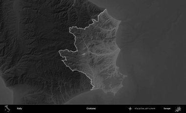 Crotone. İtalya 'nın idari alanı kararmış bir gri tonlama yükseklik haritasına vurgulandı ve özetlendi
