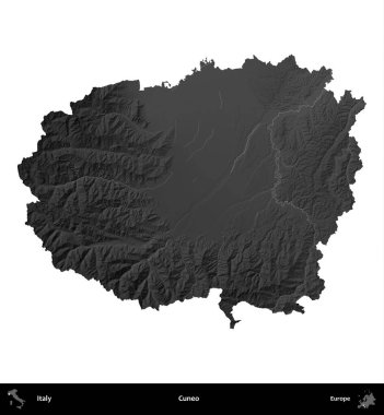 Cuneo. İtalya 'nın idari bölgesi gri ölçekli yükseklik haritasında beyaza izole edildi