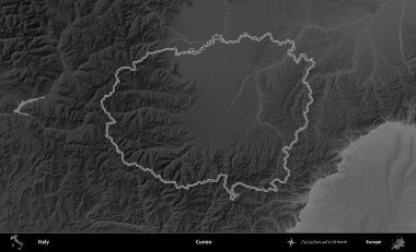 Cuneo. İtalya 'nın idari bölgesi gri ölçekli bir yükselme haritasında özetlendi