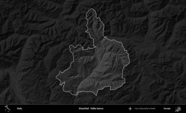 Eisacktal - Valle Isarco. İtalya 'nın idari alanı kararmış bir gri tonlama yükseklik haritasına vurgulandı ve özetlendi