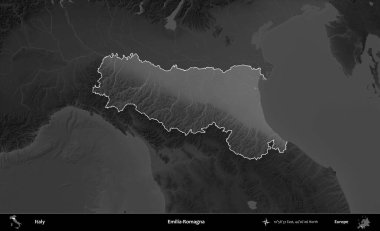 Emilia-Romagna. İtalya 'nın idari alanı kararmış bir gri tonlama yükseklik haritasına vurgulandı ve özetlendi