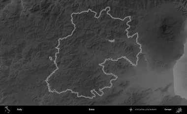 Enna. İtalya 'nın idari bölgesi gri ölçekli bir yükselme haritasında özetlendi