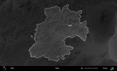 Enna. İtalya 'nın idari alanı kararmış bir gri tonlama yükseklik haritasına vurgulandı ve özetlendi