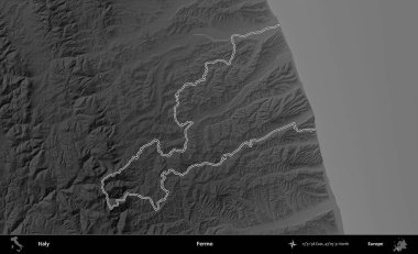 Fermo. İtalya 'nın idari bölgesi gri ölçekli bir yükselme haritasında özetlendi