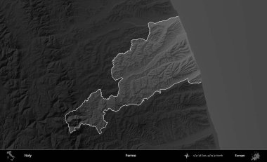 Fermo. İtalya 'nın idari alanı kararmış bir gri tonlama yükseklik haritasına vurgulandı ve özetlendi