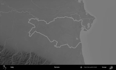 Ferrara. İtalya 'nın idari bölgesi gri ölçekli bir yükselme haritasında özetlendi