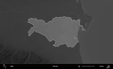 Ferrara. İtalya 'nın idari alanı kararmış bir gri tonlama yükseklik haritasına vurgulandı ve özetlendi