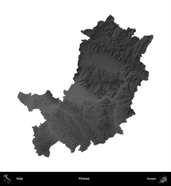 Firenze. İtalya 'nın idari bölgesi gri ölçekli yükseklik haritasında beyaza izole edildi